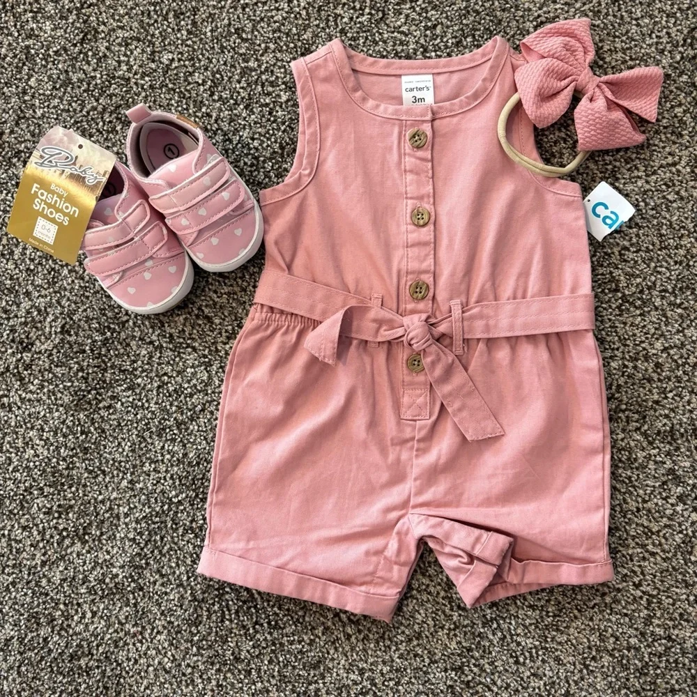 NEW Carter's Pink Baby Outfit Romper w/ Shoes & Headband Set Bundle Lot Sz 3 mo